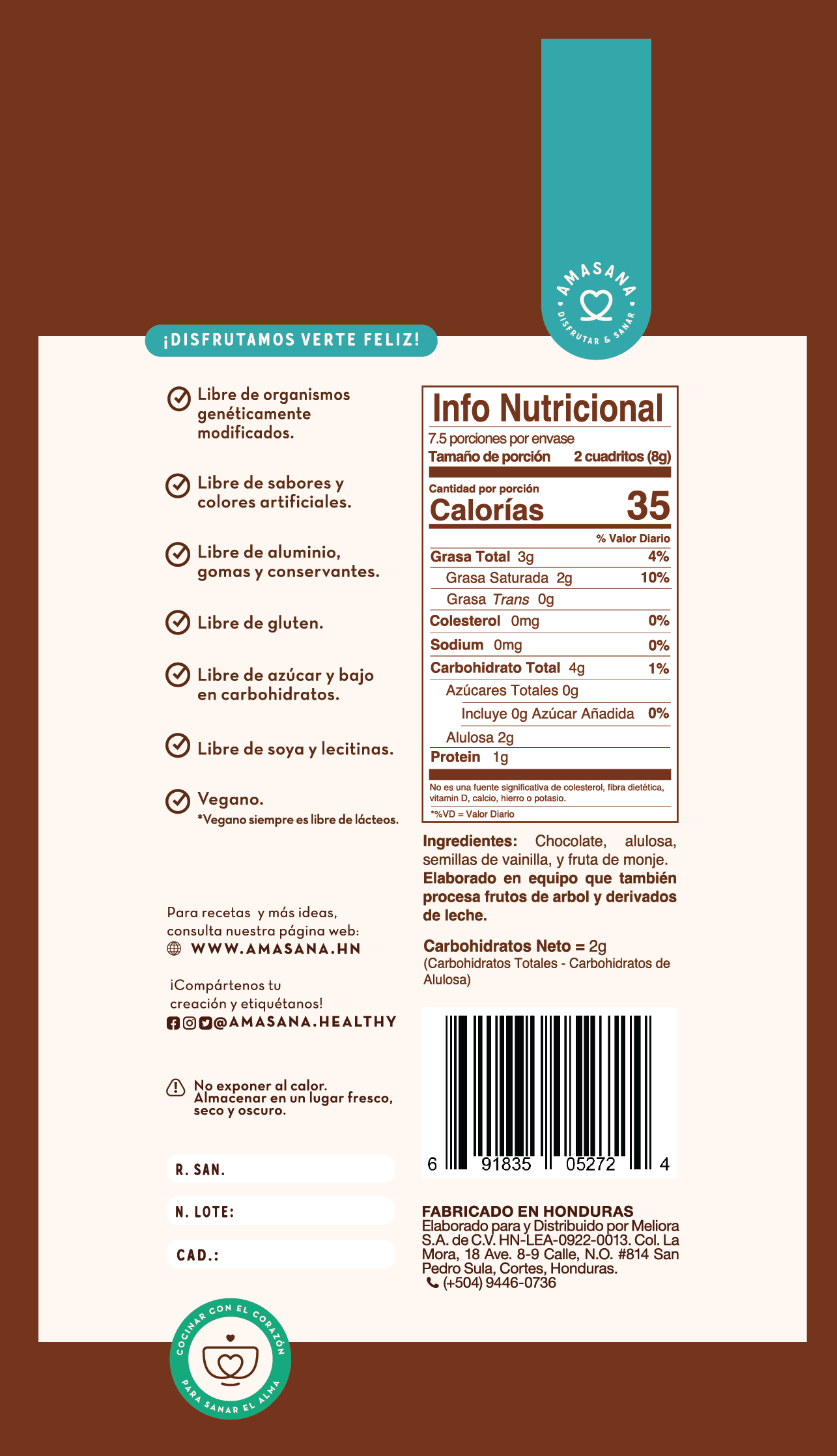 Barra de Chocolate Negro 70% (libre de azúcar)